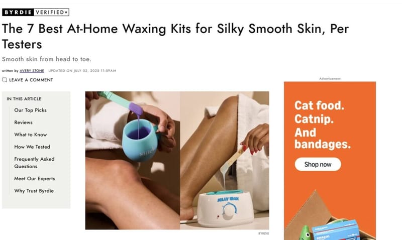 Byrdie article naming Hannah Van Overbeek's pick as the best at-home waxing kit for sensitive skin, showing wax applicators and a wax warmer
